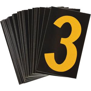 Reflective Individual Number and Letter Labels - 3, Yellow on Black, 1-1/2"