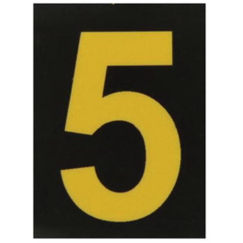 Reflective Individual Number and Letter Labels - 5, Yellow on Black, 1-1/2"