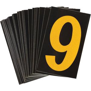 Reflective Individual Number and Letter Labels - 9, Yellow on Black, 1-1/2"