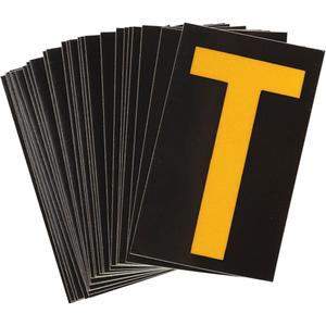 Reflective Individual Number & Letter Labels - T, Yellow on Black, 1-1/2"