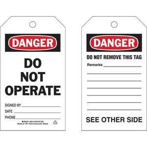 Self-Laminating "Do Not Operate" Tags - Polyester, English, 4", 7", Package, 10, Black/Red on White, Danger. Do not operate.
