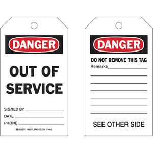 Self-Laminating "Out Of Service" Tags - Polyester, English, 4", 7", Package, 10, Black/Red on White, Danger. Out of service