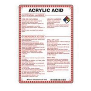 "Acrylic Acid Potential Hazards" Sign - Fiberglass, 10", 7", Bolt-On, English with Pictogram, Chemicals and Hazardous Materials, Red/Black/Blue/Yellow on White