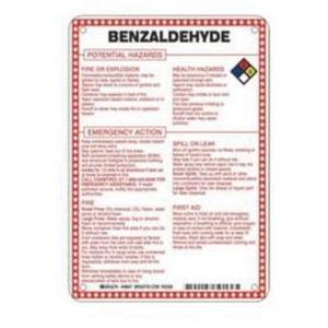 "Benzaldehyde Potential Hazards" Sign - Fiberglass, 10", 7", Bolt-On, English with Pictogram, Chemicals and Hazardous Materials, Red/Black/Blue/Yellow on White