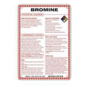 "Bromine Potential Hazards" Sign - Fiberglass, 10", 7", Bolt-On, English with Pictogram, Chemicals and Hazardous Materials, Red/Black/Blue/Yellow on White