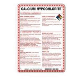 "Calcium Hypochlorite Potential Hazards" Sign - Fiberglass, 10", 7", Bolt-On, English with Pictogram, Chemicals and Hazardous Materials, Red/Black/Blue/Yellow on White