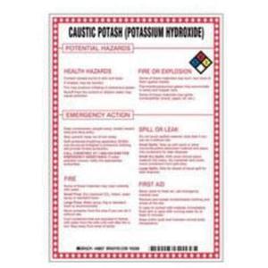 "Caustic Potash (Potassium Hydroxide) Potential Hazards" Sign - Fiberglass, 10", 7", Bolt-On, English with Pictogram, Chemicals and Hazardous Materials, Red/Black/Blue/Yellow on White