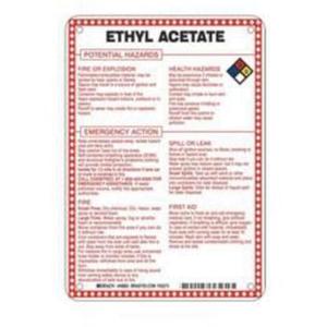 "Ethyl Acetate Potential Hazards" Sign - Fiberglass, 10", 7", Bolt-On, English with Pictogram, Chemicals and Hazardous Materials, Red/Black/Blue/Yellow on White