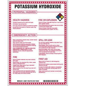 "Potassium Hydroxide Potential Hazards" Sign - Fiberglass, 10", 7", Bolt-On, English with Pictogram, Chemicals and Hazardous Materials, Red/Black/Blue/Yellow on White