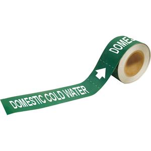 "Domestic Cold Water" Pipe Markers - Plastic, White on Green, 1-1/2" - 2", 1", 8", 1/2", English, Self-Adhesive