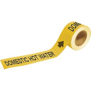 "Domestic Hot Water" Pipe Markers - Plastic, Black on Yellow, 1-1/2" - 2", 1", 8", 1/2", English, Self-Adhesive