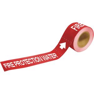 "Fire Protection Water" Roll Form Pipe Markers - Plastic, White on Red, 1-1/2" - 2", 1", 8", 1/2", English, Self-Adhesive