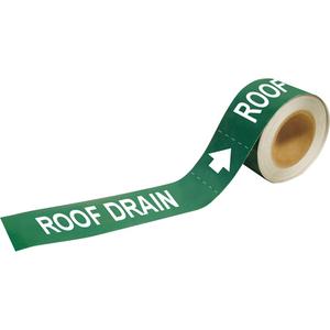 "Roof Drain" Pipe Markers - Plastic, White on Green, 1-1/2" - 2", 1", 8", 1/2", English, Self-Adhesive