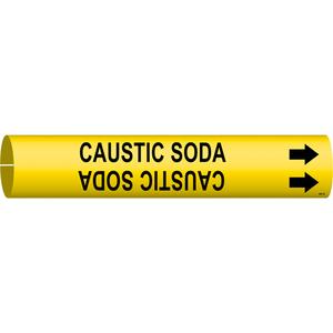 "Caustic Soda" Pipe Marker - Plastic, Black on Yellow, 1-1/2" - 2-3/8", 7/8", 7/8", 3/4", English, Snap-On