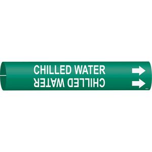 "Chilled Water" Pipe Marker - Plastic, White on Green, 4" - 6", 2-13/16", 2-13/16", 1-1/4", English, Snap-On
