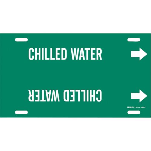 "Chilled Water" Pipe Marker - Plastic, White on Green, 8" - 9-7/8", 10", 24", 2-1/2", English, Strap-On