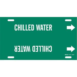 "Chilled Water" Pipe Marker - Plastic, White on Green, 10" - 15", 10", 32", 3-1/2", English, Strap-On