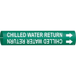 "Chilled Water Return" Pipe Marker - Plastic, White on Green, 2-1/2" - 3-7/8", 2", 2", 1-1/4", English, Snap-On