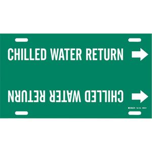 "Chilled Water Return" Pipe Marker - Plastic, White on Green, 10" - 15", 10", 32", 3-1/2", English, Strap-On