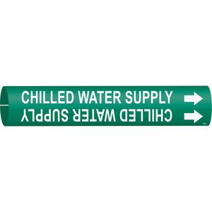 "Chilled Water Supply" Pipe Marker - Plastic, White on Green, 2-1/2" - 3-7/8", 2", 2", 1-1/4", English, Snap-On
