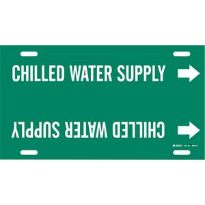 "Chilled Water Supply" Pipe Marker - Plastic, White on Green, 10" - 15", 10", 32", 3-1/2", English, Strap-On