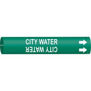 "City Water" Pipe Marker - Plastic, White on Green, 2-1/2" - 3-7/8", 2", 2", 1-1/4", English, Snap-On