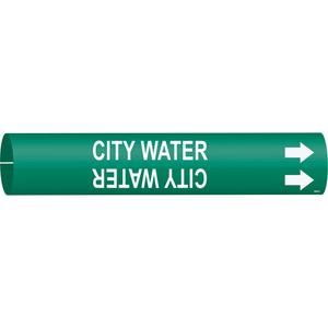 "City Water" Pipe Marker - Plastic, White on Green, 4" - 6", 2-13/16", 2-13/16", 1-1/4", English, Snap-On