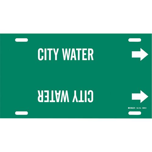 "City Water" Pipe Marker - Plastic, White on Green, 8" - 9-7/8", 10", 24", 2-1/2", English, Strap-On