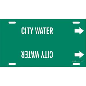 "City Water" Pipe Marker - Plastic, White on Green, 10" - 15", 10", 32", 3-1/2", English, Strap-On