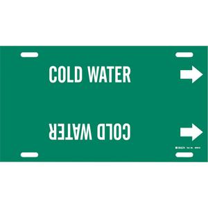 "Cold Water" Pipe Marker - Plastic, White on Green, 8" - 9-7/8", 10", 24", 2-1/2", English, Strap-On