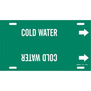 "Cold Water" Pipe Marker - Plastic, White on Green, 10" - 15", 10", 32", 3-1/2", English, Strap-On