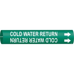 "Cold Water Return" Pipe Marker - Plastic, White on Green, 2-1/2" - 3-7/8", 2", 2", 1-1/4", English, Snap-On
