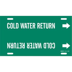 "Cold Water Return" Pipe Marker - Plastic, White on Green, 8" - 9-7/8", 10", 24", 2-1/2", English, Strap-On