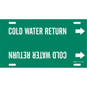 "Cold Water Return" Pipe Marker - Plastic, White on Green, 10" - 15", 10", 32", 3-1/2", English, Strap-On
