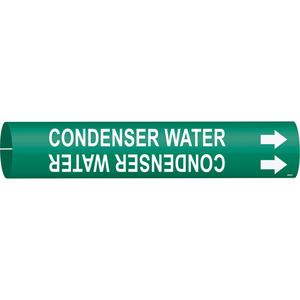 "Condenser Water" Pipe Marker - Plastic, White on Green, 4" - 6", 2-13/16", 2-13/16", 1-1/4", English, Snap-On
