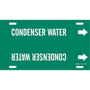 "Condenser Water" Pipe Marker - Plastic, White on Green, 10" - 15", 10", 32", 3-1/2", English, Strap-On