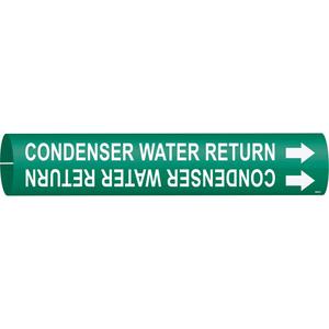 "Condenser Water Return" Pipe Marker - Plastic, White on Green, 4" - 6", 2-13/16", 2-13/16", 1-1/4", English, Snap-On