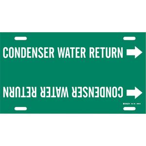 "Condenser Water Return" Pipe Marker - Plastic, White on Green, 8" - 9-7/8", 10", 24", 2-1/2", English, Strap-On
