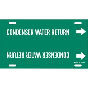 "Condenser Water Return" Pipe Marker - Plastic, White on Green, 10" - 15", 10", 32", 3-1/2", English, Strap-On
