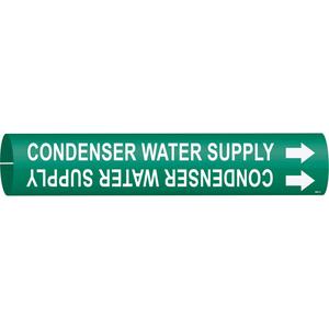 "Condenser Water Supply" Pipe Marker - Plastic, White on Green, 2-1/2" - 3-7/8", 2", 2", 1-1/4", English, Snap-On