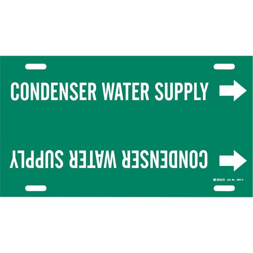 "Condenser Water Supply" Pipe Marker - Plastic, White on Green, 6" - 7-7/8", 8", 16", 1-1/4", English, Strap-On