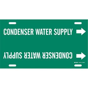 "Condenser Water Supply" Pipe Marker - Plastic, White on Green, 8" - 9-7/8", 10", 24", 2-1/2", English, Strap-On