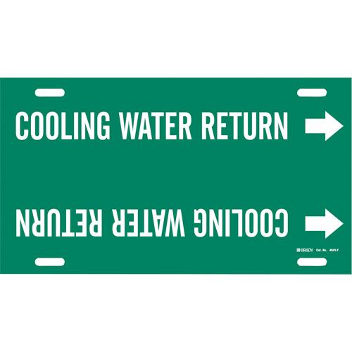 "Cooling Water Return" Pipe Marker - Plastic, White on Green, 6" - 7-7/8", 8", 16", 1-1/4", English, Strap-On