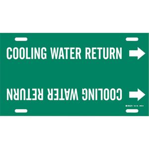 "Cooling Water Return" Pipe Marker - Plastic, White on Green, 8" - 9-7/8", 10", 24", 2-1/2", English, Strap-On