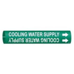 "Cooling Water Supply" Pipe Marker - Plastic, White on Green, 1-1/2" - 2-3/8", 7/8", 7/8", 3/4", English, Snap-On