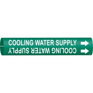 "Cooling Water Supply" Pipe Marker - Plastic, White on Green, 2-1/2" - 3-7/8", 2", 2", 1-1/4", English, Snap-On