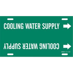 "Cooling Water Supply" Pipe Marker - Plastic, White on Green, 8" - 9-7/8", 10", 24", 2-1/2", English, Strap-On
