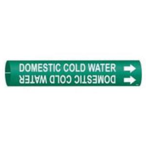 "Domestic Cold Water" Pipe Marker - Plastic, White on Green, 3/4" - 1-3/8", 13/16", 13/16", 1/2", English, Snap-On
