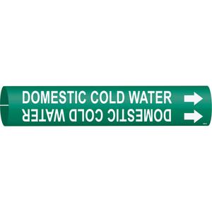 "Domestic Cold Water" Pipe Marker - Plastic, White on Green, 1-1/2" - 2-3/8", 7/8", 7/8", 3/4", English, Snap-On