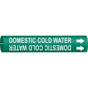 "Domestic Cold Water" Pipe Marker - Plastic, White on Green, 2-1/2" - 3-7/8", 2", 2", 1-1/4", English, Snap-On